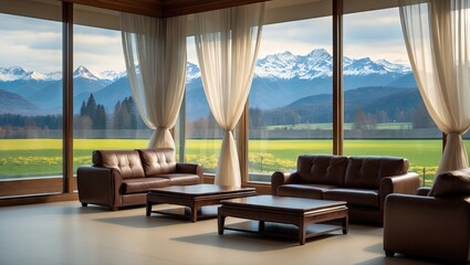 Poster - Peaceful interior living space with dark leather sofas and coffee tables, large windows showcasing scenic snow-capped mountains and green fields.