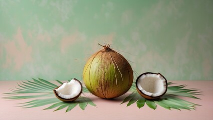 Aufkleber - Fresh green coconut with half coconut pieces on light pastel pink and green backdrop, surrounded by tropical palm leaves, vibrant tropical setting.