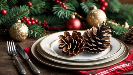 Aufkleber - Elegant Christmas table setting with gold and red accents featuring pine cones on white plates, silver cutlery, and festive greenery in the background.