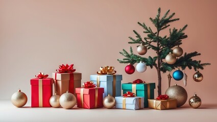 Aufkleber - Festive Christmas scene featuring colorful gift boxes in red, gold, and turquoise with a small evergreen tree adorned with golden and blue ornaments on a soft pastel background.
