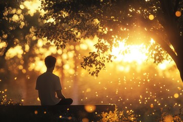 Poster - A person sitting on a bench under a shade-giving tree, with nature surroundings