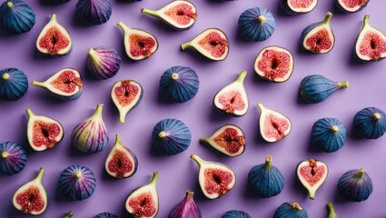 Poster - Colorful arrangement of fresh figs in various hues on a vibrant purple pastel background, top view, with ample copyspace for text or design.