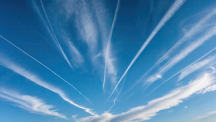 Poster - Vibrant blue sky with white wispy clouds and jet trails radiating outward, creating a dynamic and serene atmosphere in the atmosphere.