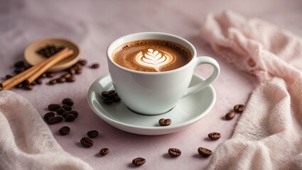 Poster - Aesthetically pleasing coffee cup on soft pink background with scattered coffee beans and natural elements, creating a cozy food scene.