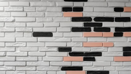 Aufkleber - Textured wall featuring a unique pattern of black, white, and soft pink bricks; modern design with a mix of straight lines and irregular placements.