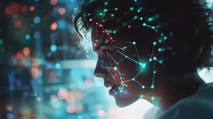 Poster - businessman using facial recognition software with a futuristic interface analyzing data in a server