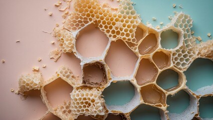 Poster - Close-up of honeycomb on pastel background with light peach and turquoise colors showcasing intricate textures and hexagonal patterns.
