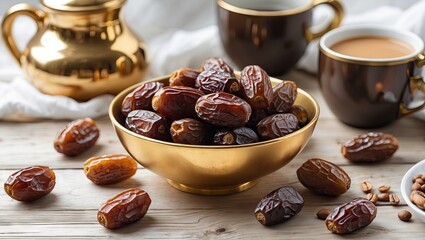 Poster - Bowl of rich, brown dates on a wooden table with golden pot and cups in the background under soft, natural lighting setting.