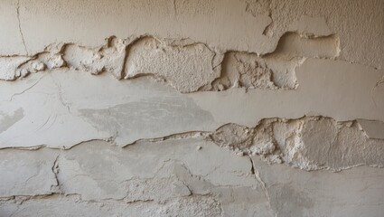 Poster - Close-up view of a textured cement wall featuring uneven plaster in beige and light grey tones with visible cracks and weathered surfaces.