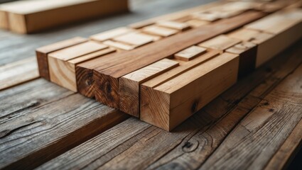 Poster - Close-up of textured wooden blocks arranged harmoniously on a rustic table with natural brown tones showcasing craftsmanship and design details.