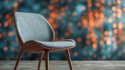 Poster - Contemporary wooden chair with gray upholstery in focus against a blurred bokeh background featuring orange and blue tones creating depth.