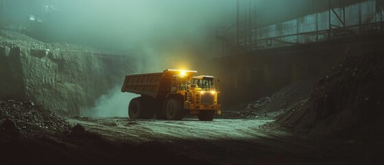 Poster - A yellow dump truck drives down a dirt road, surrounded by greenery