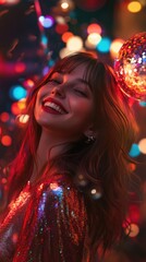 Poster - A happy woman holds a shiny disco ball in her hands