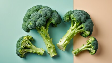Poster - Fresh broccoli arranged artistically on a pastel green and beige background, showcasing vibrant green florets and crisp stems.