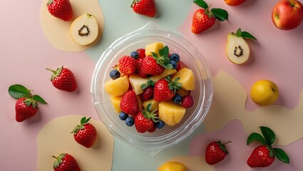 Poster - Clear plastic fruit container filled with vibrant strawberries, blueberries, and yellow melon pieces, set against a pastel pink and beige background.