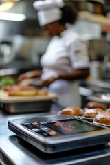 Poster - A person measures ingredients on a kitchen scale while preparing food