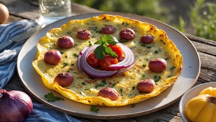 Poster - Delicious gourmet egg tortilla featuring golden crispy edges, garnished with cherry tomatoes, red onion slices, and fresh herbs on a rustic wooden table.