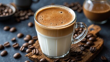 Poster - Close-up view of a milk coffee drink in a transparent glass against a dark background with coffee beans scattered and room for text on the side