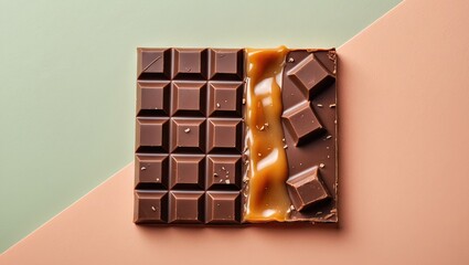 Poster - Chocolate bar with caramel filling on geometric pastel background displaying soft green and peach tones, with chocolate squares prominently arranged.
