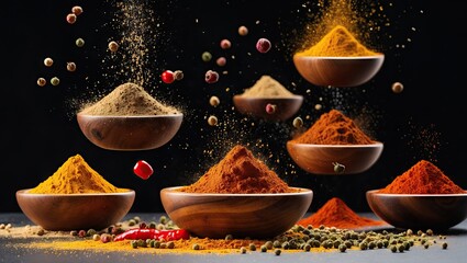 Aufkleber - Colorful spices in wooden bowls arranged in a balanced composition with turmeric yellow red chili and black pepper against a dark background.