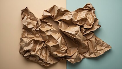Aufkleber - Crumpled brown paper texture on pastel beige and blue background creating a minimalistic and artistic composition with soft lighting