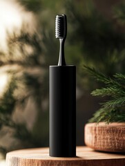 Poster - Toothbrush sits on wooden table, ready for use