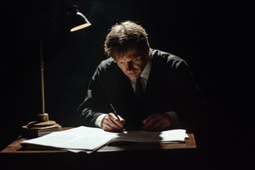 Poster - A person sits at a desk, focused on writing on a piece of paper