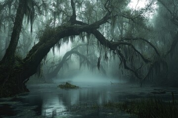 Poster - Swamp landscape with dense foliage and moss-covered tree trunks, perfect for wilderness or nature-themed designs