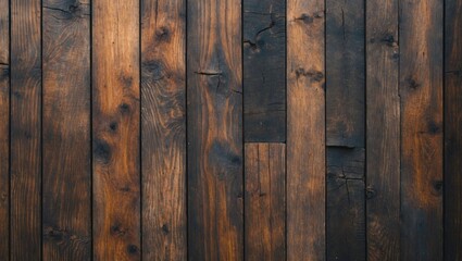 Poster - Close-up texture of dark brown wooden planks arranged vertically showcasing natural grain patterns with variations in color and depth.