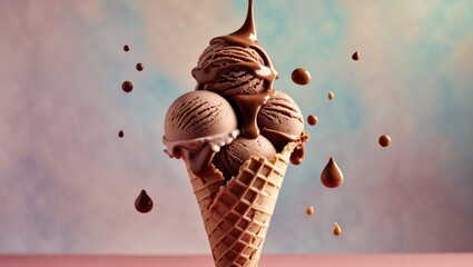 Poster - Classic chocolate ice cream cone topped with drips on a pastel blue and pink background featuring three scoops in a waffle cone.