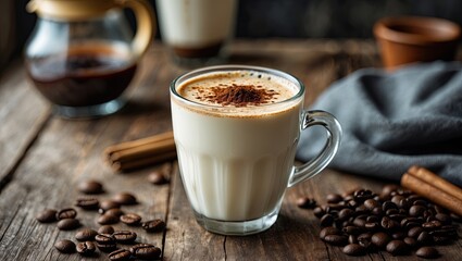 Poster - Close-up of creamy milk coffee in a glass cup with cinnamon on top placed on a rustic wooden table surrounded by coffee beans and a gray cloth