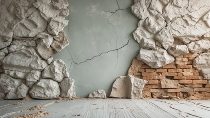 Poster - Cracked wall with rough stone and brick textures showcasing natural beige and gray tones, with stones positioned irregularly on the sides.