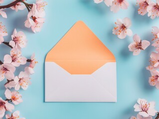 Aufkleber - A small orange envelope sitting on a blue surface, ready for use or delivery