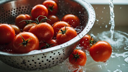 Poster - Fresh red tomatoes in a silver colander with water splashing against them, positioned centrally in a bright kitchen sink setting.