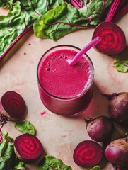 Poster - Fresh beets and greens surrounding a glass of beet juice, great for food or drink photography