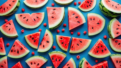 Poster - Colorful array of fresh watermelon slices on vibrant blue background; top view showcases bright pink and green hues with empty space for text.