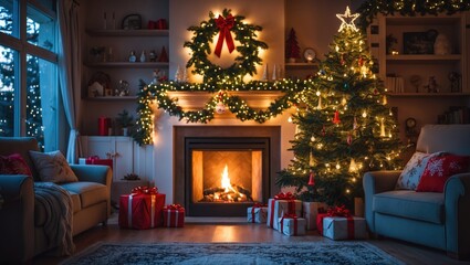 Aufkleber - Warm and inviting living room decorated for Christmas featuring a glowing fireplace in the center surrounded by a beautifully lit tree and gifts