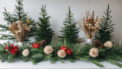 Aufkleber - Festive holiday decoration featuring lush green fir branches with dried flowers, pinecones, and vibrant red accents on a white table setting.