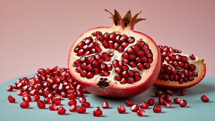 Poster - Freshly cut pomegranate halves showcasing vibrant red seeds scattered on a teal surface against a soft pastel pink background.
