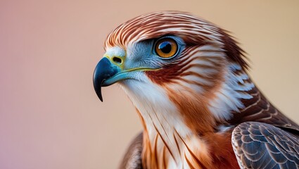 Poster - Detailed closeup of a Red Kite head featuring vibrant brown and white feathers with striking blue and orange accents against a soft pastel background.