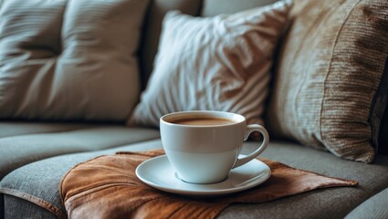 Aufkleber - Close-up of a white cup of coffee on a tan cushion displaying a relaxed lifestyle with soft textures and warm beige sofa in a cozy setting