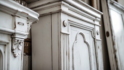 Poster - Close-up of vintage white antique furniture showcasing intricate details and textures on elegant cabinetry with a soft, natural lighting backdrop.