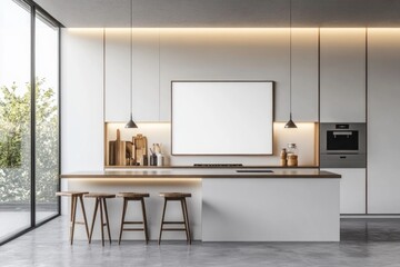 Poster - A bright and modern kitchen with a large window and bar area