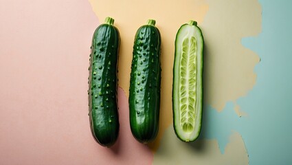 Poster - Fresh green cucumbers arranged on pastel orange and blue background, showcasing whole and sliced cucumber details for food freshness concept.