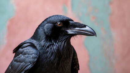 Poster - Carrion crow portrait in sharp focus against a pastel pink and green backdrop showcasing detailed black feathers and expressive eye features.
