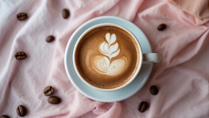 Poster - Artfully crafted latte in a white cup on a soft pink fabric background with scattered coffee beans creating a cozy and inviting atmosphere.