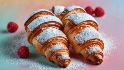 Poster - Delicious croissants dusted with powdered sugar on a soft pastel background with fresh raspberries scattered around in vibrant colors.