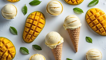 Poster - Delicious yellow mango slices and creamy vanilla ice cream cones arranged on a light background with fresh green leaves for a vibrant summer treat.