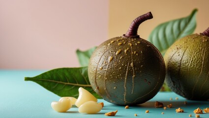 Poster - Fresh morinda noni fruit with dew drops positioned left, accompanied by creamy seed segments and green leaves against a pastel-colored background.