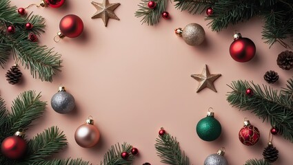 Aufkleber - Christmas ornaments and festive greenery arranged on a soft pastel pink background, showcasing red, green, gold, and silver decorations.